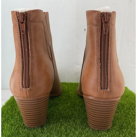 New Lisyiliz Womens Low Heel Ankle Boots Size 9 Cognac Faux Leather Zipper Closu - Picture 2 of 8